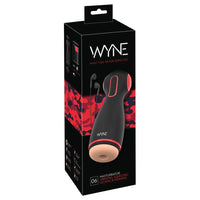 black case masturbator with end hand grip, head phones, and beige sleeve insert on black and red box