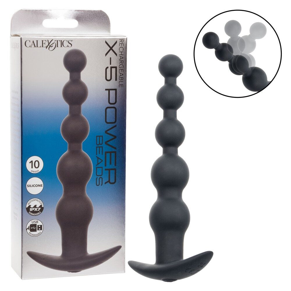 Black silicone toy with packaging labeled 'Calexotics X-5 Power Beads' on a white background.