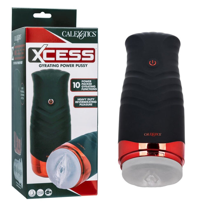Black and red gyrating power pussy masturbator with packaging labeled 'Calexotics Xcess' on a white background.