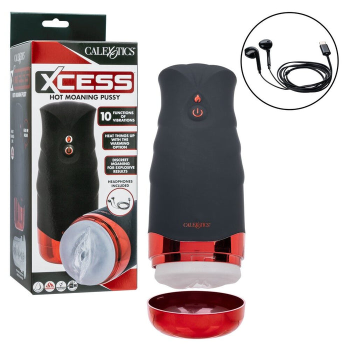 xcess hot moaning pussy masturbator product with packaging and additional accessories on a white background