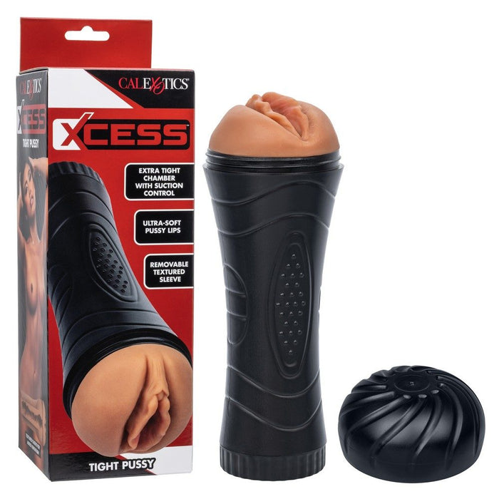 tight pussy masturbator with packaging labeled 'XCESS' on a white background