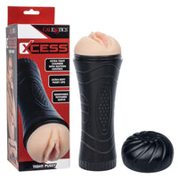 tight pussy masturbator with packaging labeled 'XCESS' on a white background