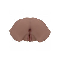 A realistic silicone adult novelty product, specifically a realistic vulva, shown from the front against a solid white background.
