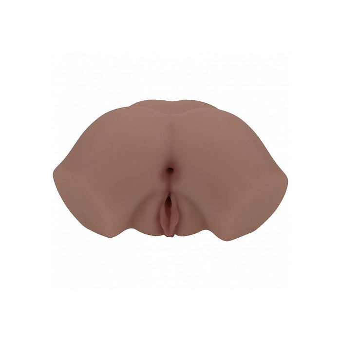 A realistic silicone adult novelty product, specifically a realistic vulva, shown from the front against a solid white background.