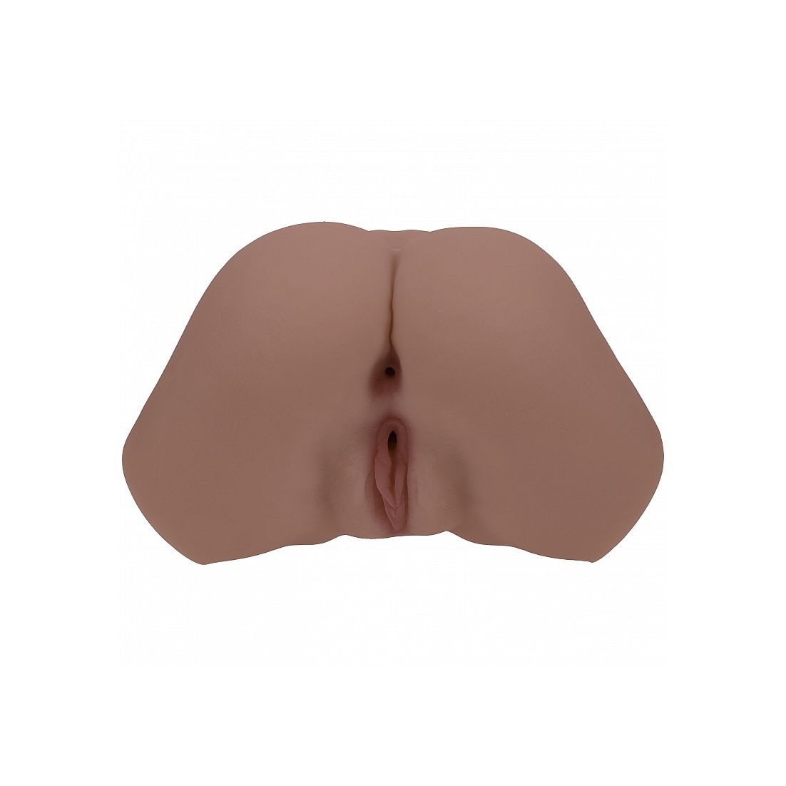 A realistic silicone butt masturbator with a textured, flesh-toned surface, shown from a top-down view on a plain white background.