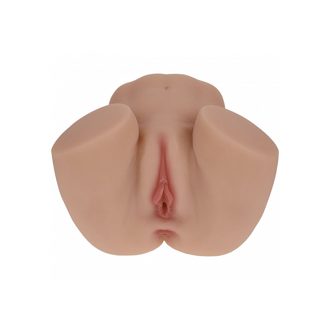 A realistic flesh-toned adult masturbator with a central pink opening, photographed against a plain white background.