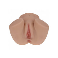 A realistic flesh-toned adult masturbator with a central pink opening, photographed against a plain white background.