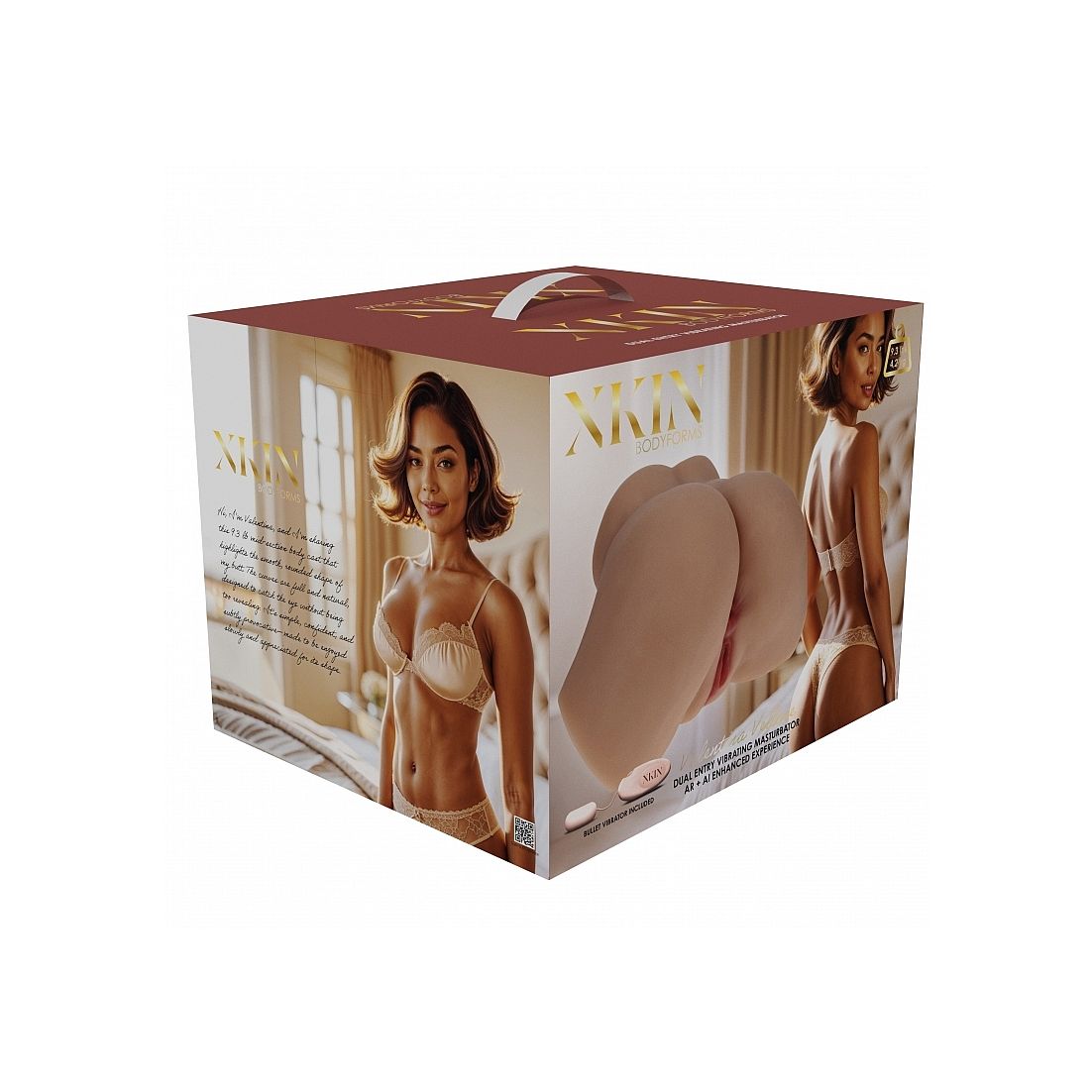 A boxed product package for Xkin Skin, shown at a three-quarter angle on a white background. The box features a burgundy top, beige and cream tones, and printed images of a woman in lingerie and a close-up of beige skin-toned pads.