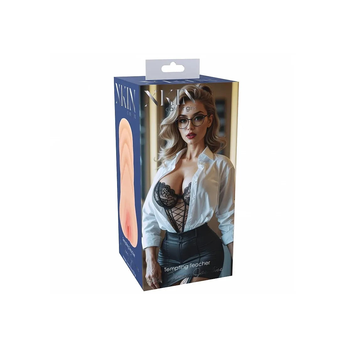 Product packaging with a model wearing lingerie on a white background