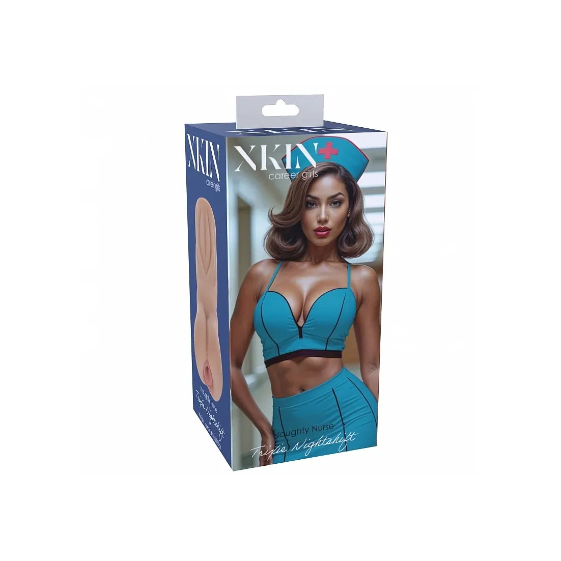 female wearing a nurse outfit on box packaging on white background
