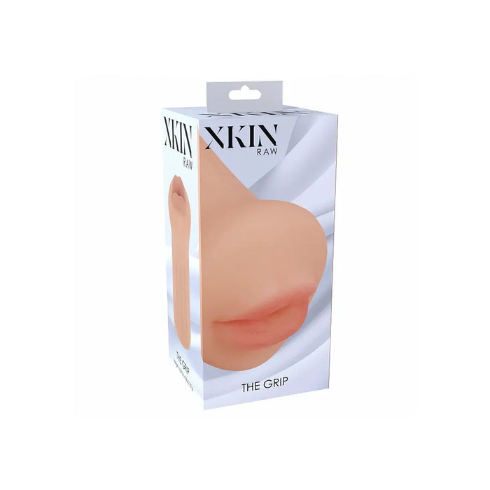 xkin raw the grip mouth masturbator, in beige, on box packaging