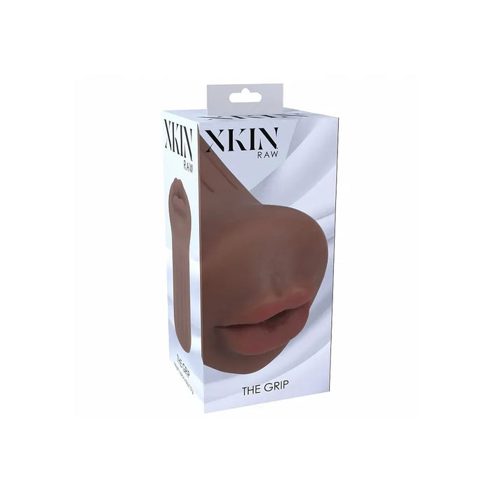 xkin raw the grip mouth masturbator, in brown, on box packaging
