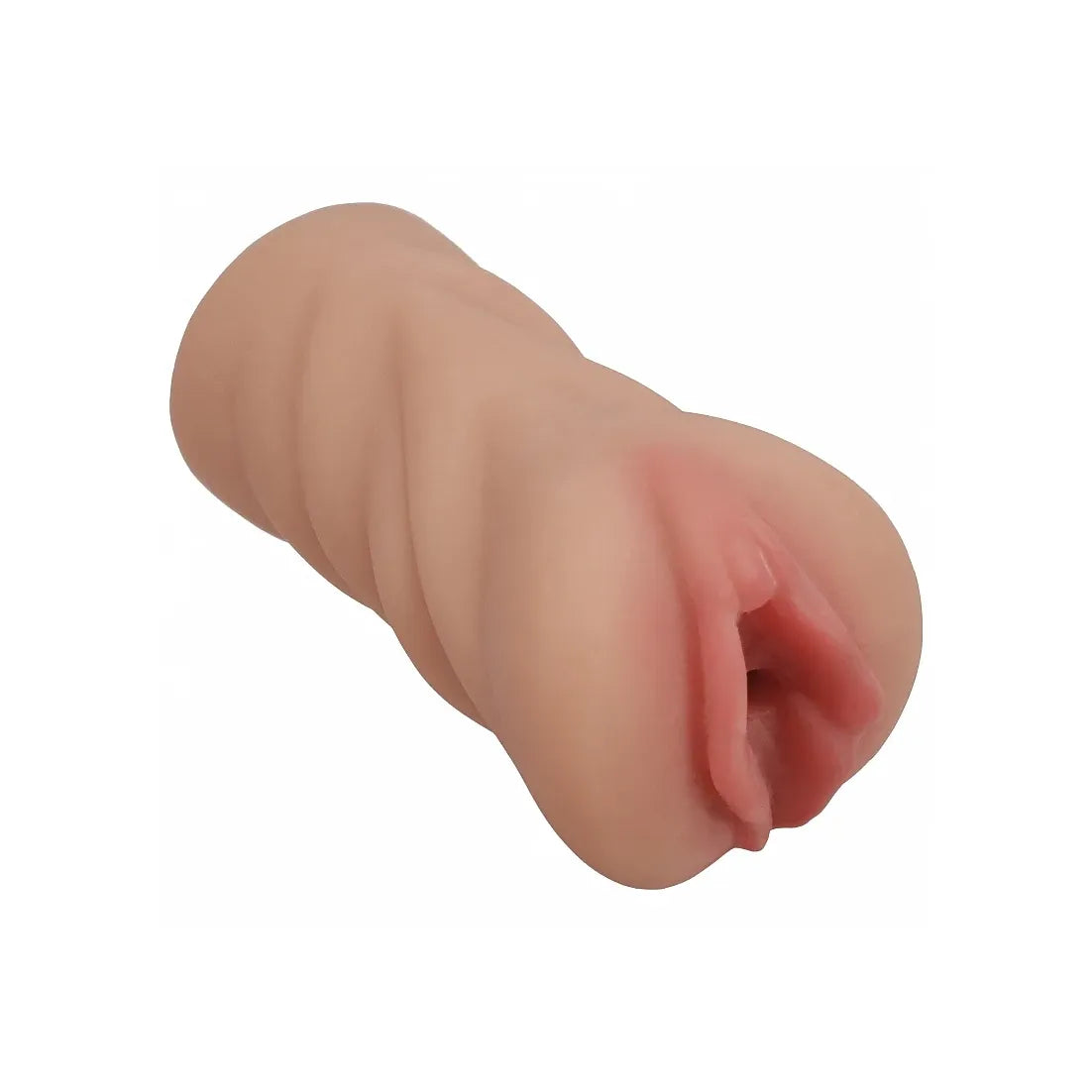 Realistic silicone vagina masturbator on a white background