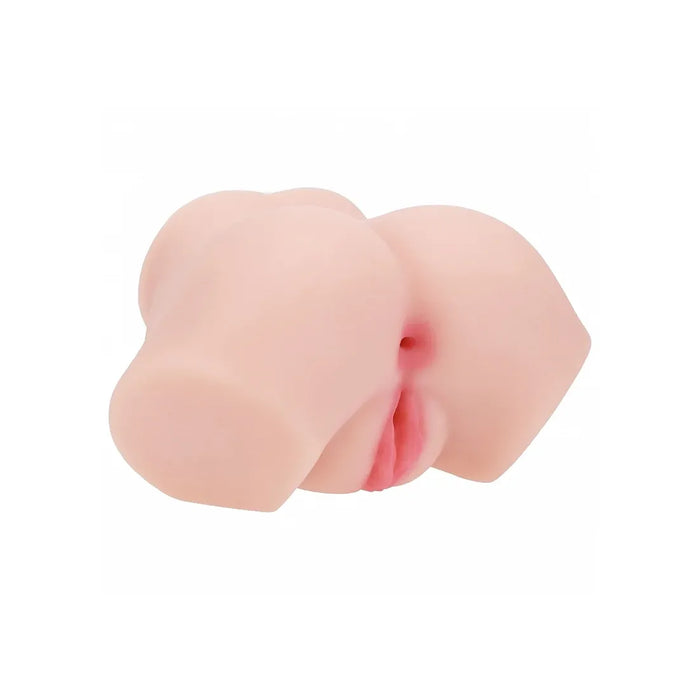 A realistic flesh-toned adult masturbator with a pink interior opening, photographed on a plain white background.