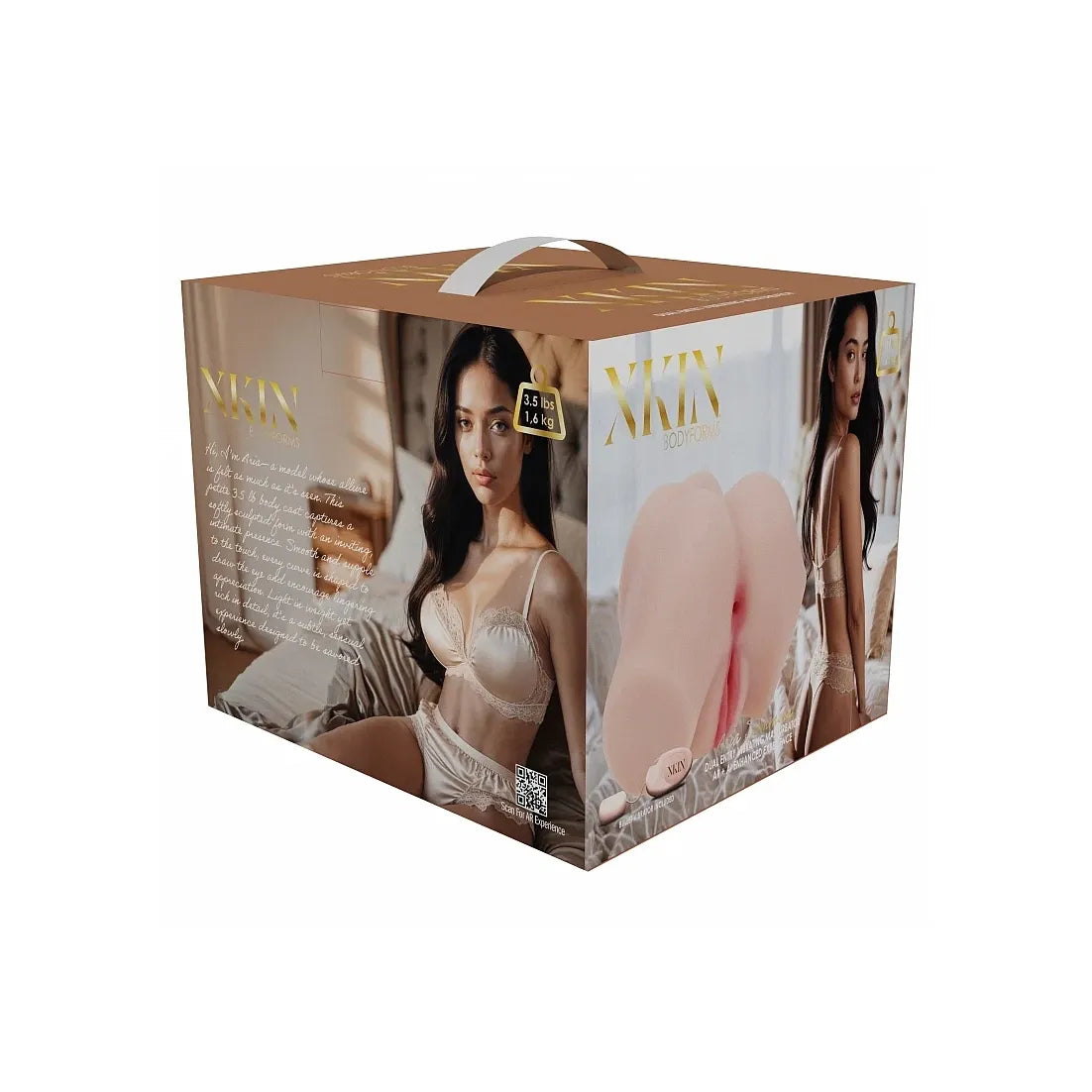 A rectangular product box with a top handle, featuring printed photos of a woman in lingerie and large pink product imagery on the front and side panels. The box is branded Xkin and photographed on a plain white background.