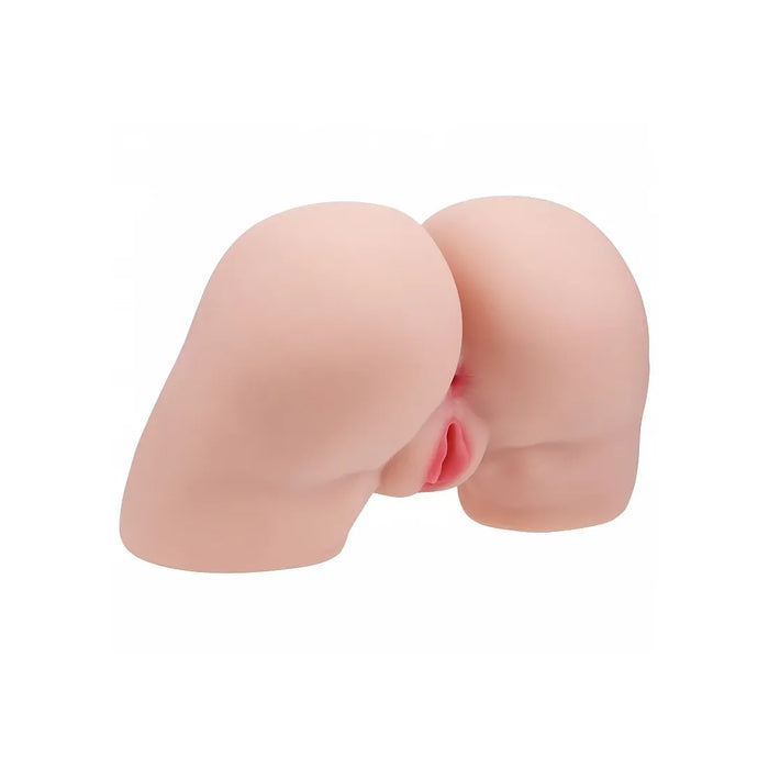 A realistic silicone avagina & butt masturbator with a flesh-toned beige body and a pink vulva, shown against a plain white background.