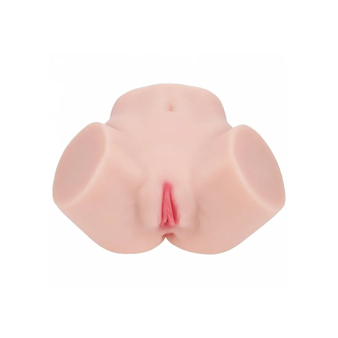 A realistic flesh-toned adult novelty toy with a pink interior opening, photographed on a plain white background.
