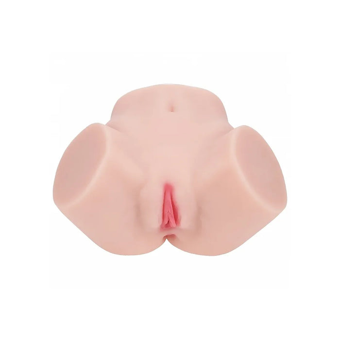 A realistic flesh-toned adult novelty toy with a pink interior opening, photographed on a plain white background.