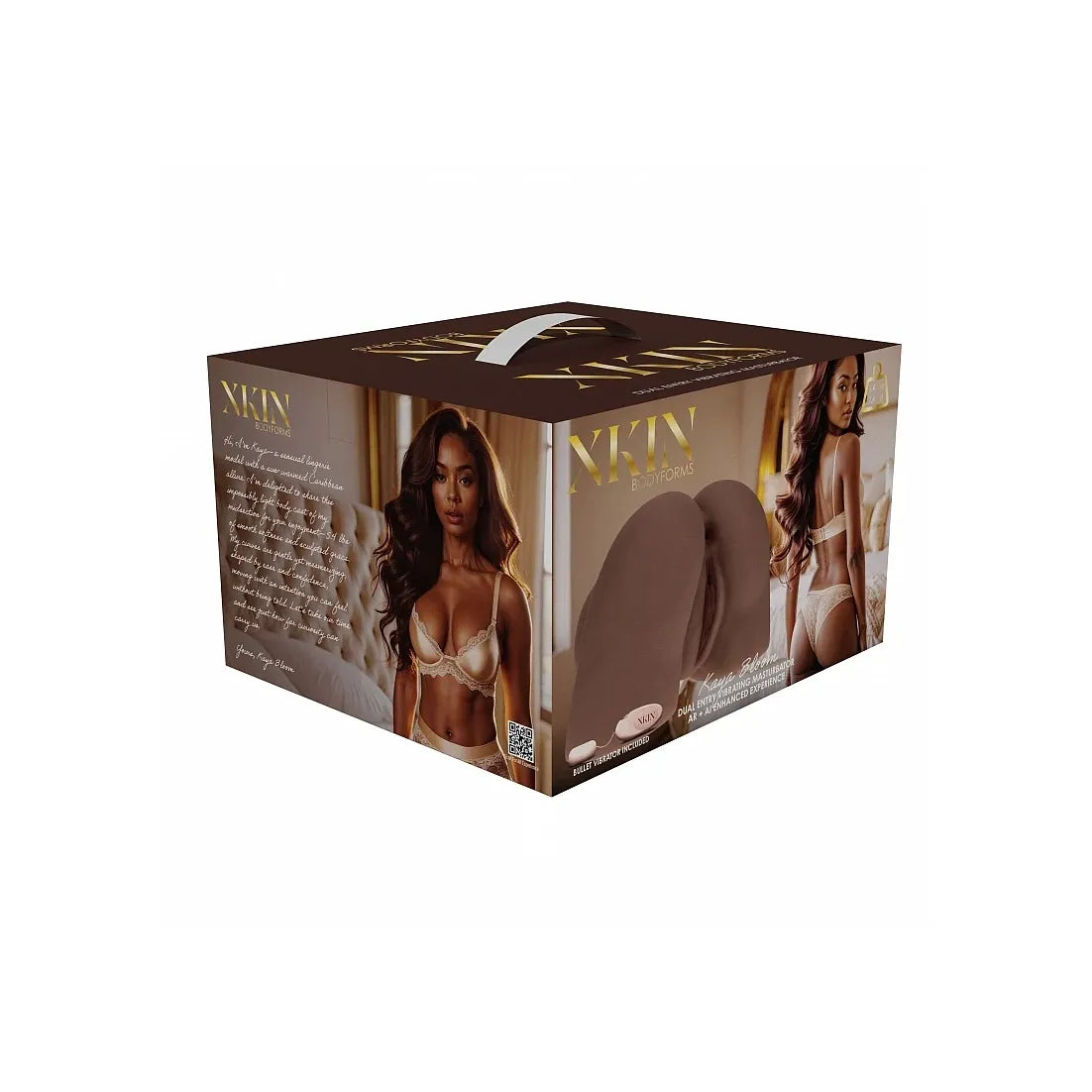 Xkin kayla bloom masturbator box packaging, featuring a dark brown and gold design with images of a model and a depiction of the shapewear pouch on the side.