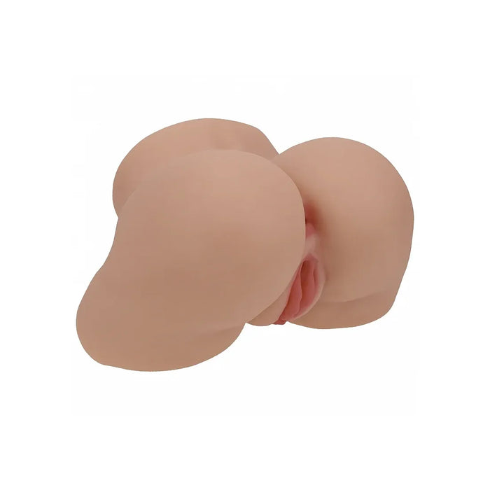 A realistic flesh-toned silicone adult novelty masturbator with a dual-hip design and pink inner detail, shown on a plain white background.