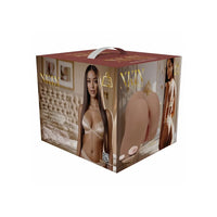 A rectangular retail display box with a top handle, featuring printed photos of a woman in lingerie and a large beige silicone adult toy on the front and side panels. The box has a dark red top band with gold 'XKIN' branding and a white handle.