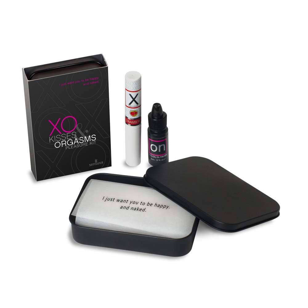 Collection of products including a box labeled 'XO Kisses & Orgasms' and a small bottle on a white background.