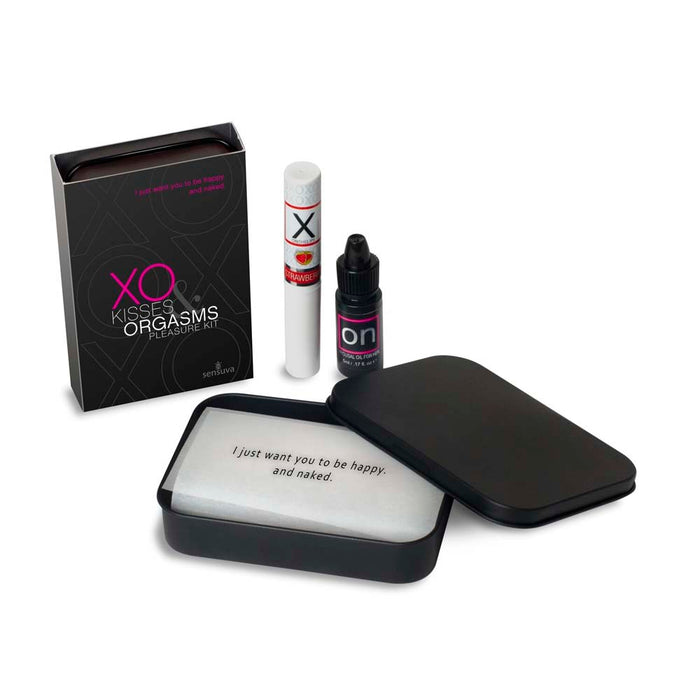 Collection of products including a box labeled 'XO Kisses & Orgasms' and a small bottle on a white background.