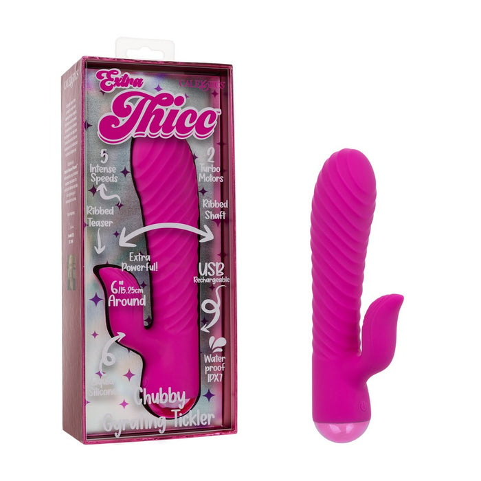 Pink vibrator with packaging labeled 'Extra Thicc' on a white background