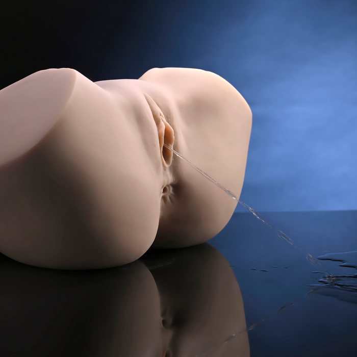 Masturbator with squirting vagina on a reflective surface with a blue gradient background