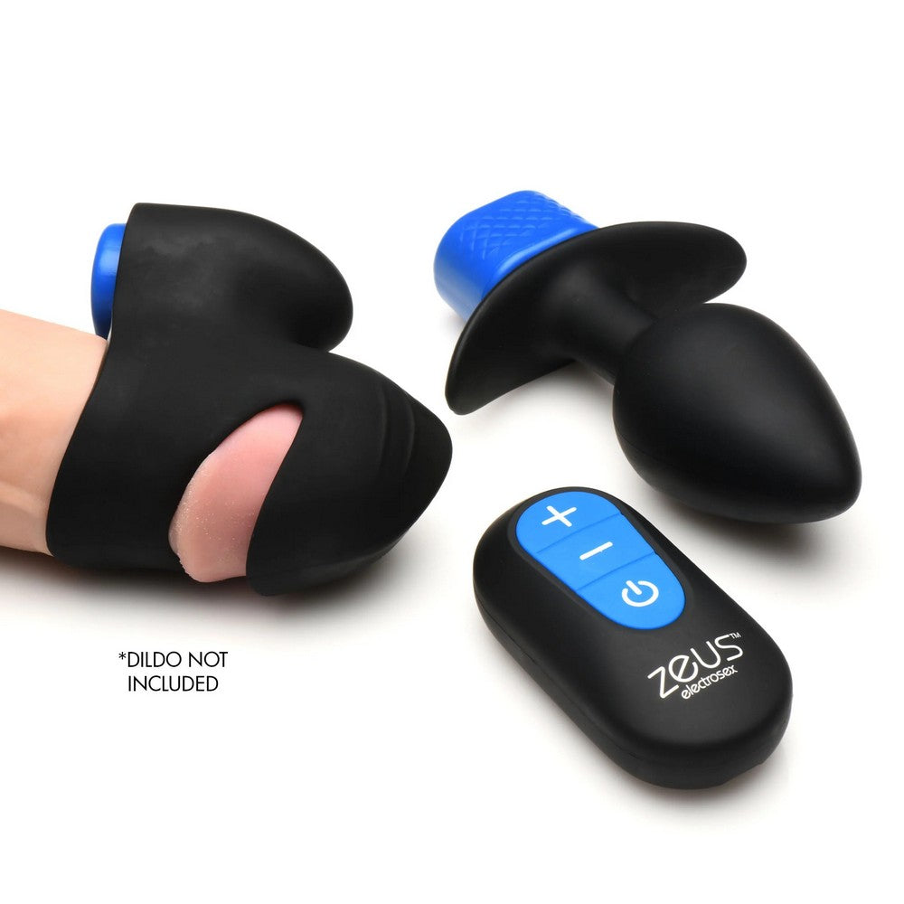 Black silicone adult novelty device with a blue textured insert, shown alongside a matching black remote control with blue buttons and the text '*Dildo Not Included' on a white background.