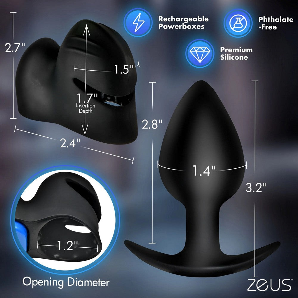 Black silicone butt plug with dimension annotations showing length, width, and opening diameter, plus feature icons for rechargeable powerboxes, phthalate-free, premium silicone, and ZEUS branding.