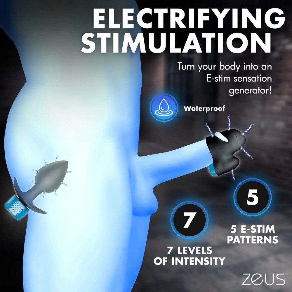Promotional graphic for an E-stim wearable device, showing a stylized blue human torso with a small black-and-blue device attached near the hip and another near the upper arm. Large text reads 'ELECTRIFYING STIMULATION' with feature callouts including 'Waterproof,' '7 levels of intensity,' and '5 E-stim patterns.