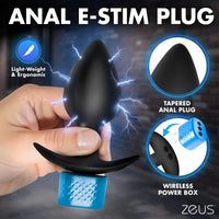A hand holds a black anal e-stim plug with a blue wireless power base against a dark smoky background. Large text reads 'ANAL E-STIM PLUG' with callout circles labeled 'Light-Weight & Ergonomic,' 'Tapered Anal Plug,' and 'Wireless Power Box.