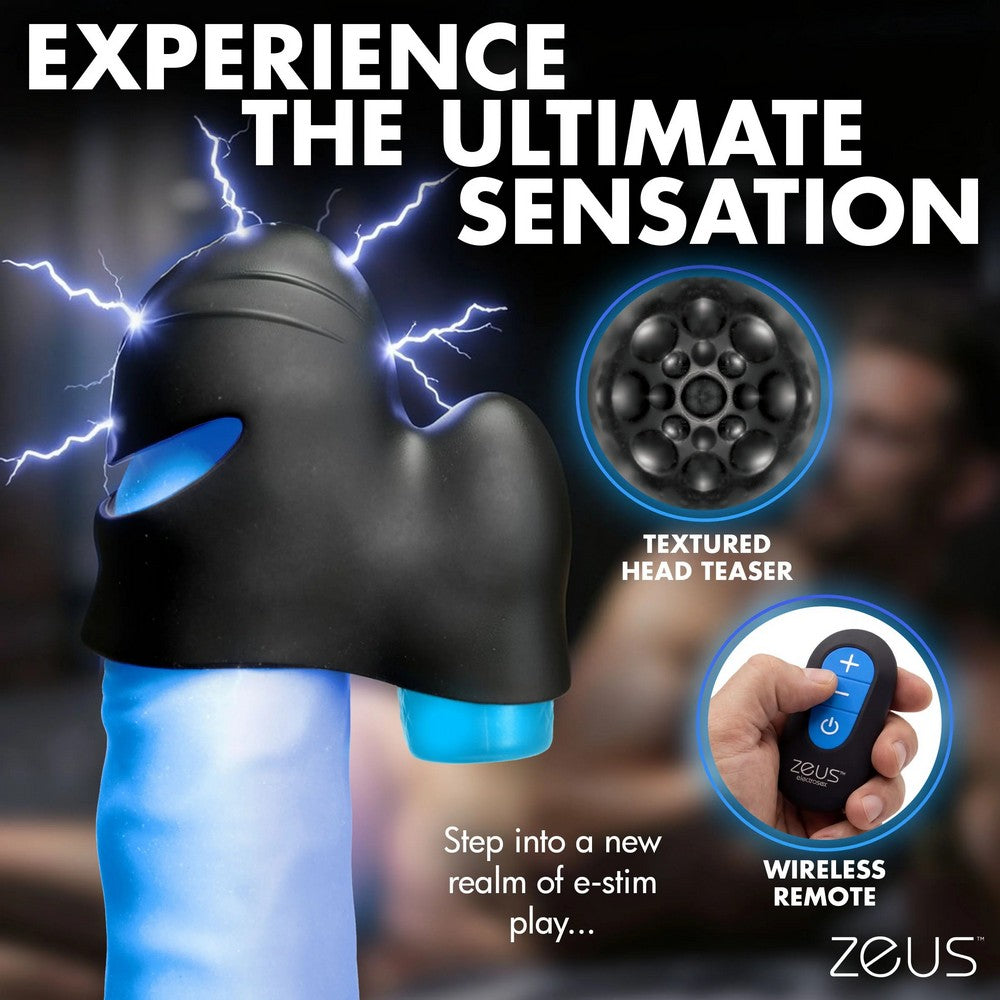 Black textured e-stim sleeve on a blue wand with lightning effects, featuring text callouts for 'TEXTURED HEAD TEASER' and 'WIRELESS REMOTE' with a hand holding the remote, and the brand name ZEUS at the bottom right.