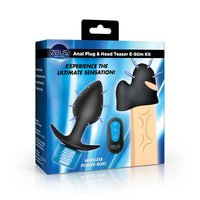 Zeus Branding Anal Plug & Head Teaser E-Stim Kit retail packaging, featuring a blue and black box with illustrations of the black wireless plug and head teaser device.