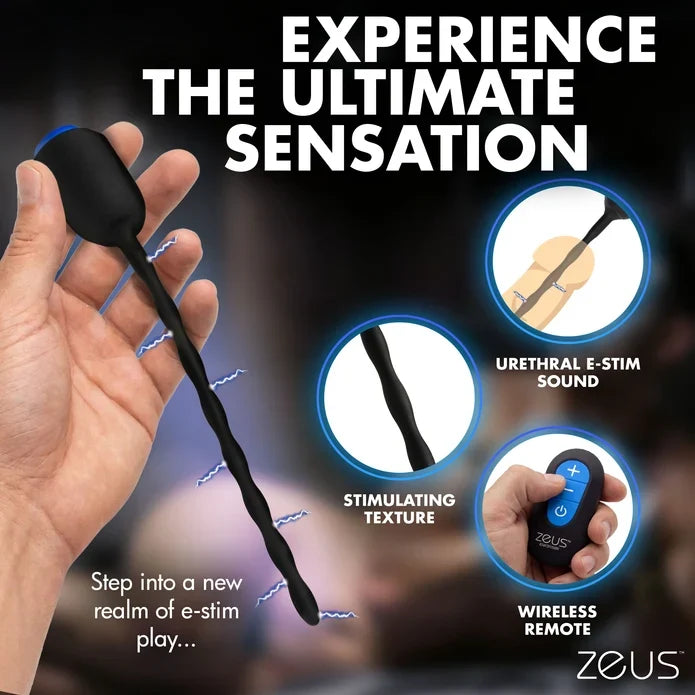 Hand holding a black e-stim device with Zeus branding, featuring text and icons on a dark background.