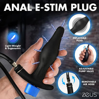 Anal e-stim plug with hand holding it, showing features like inflatable plug, adjustable pump valve, and removable air hose.