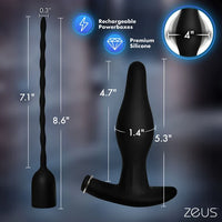 Black toy with measurements and features on a dark background, branded 'ZEUS'.
