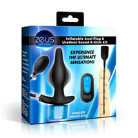 Zeus Electrosex inflatable anal plug and urethral sound E-stim kit in retail packaging, featuring a black silicone anal plug, blue wireless power box, and product illustrations on a blue box.