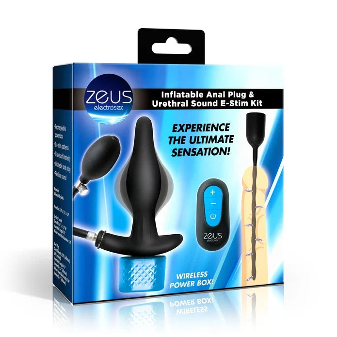Zeus Electrosex inflatable anal plug and urethral sound E-stim kit in retail packaging, featuring a black silicone anal plug, blue wireless power box, and product illustrations on a blue box.