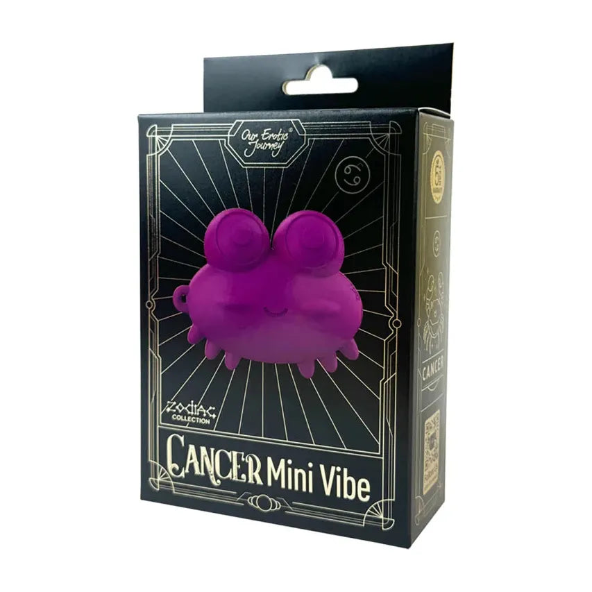 purple frog shaped vibrato, zodiac sign cancer, on box packaging