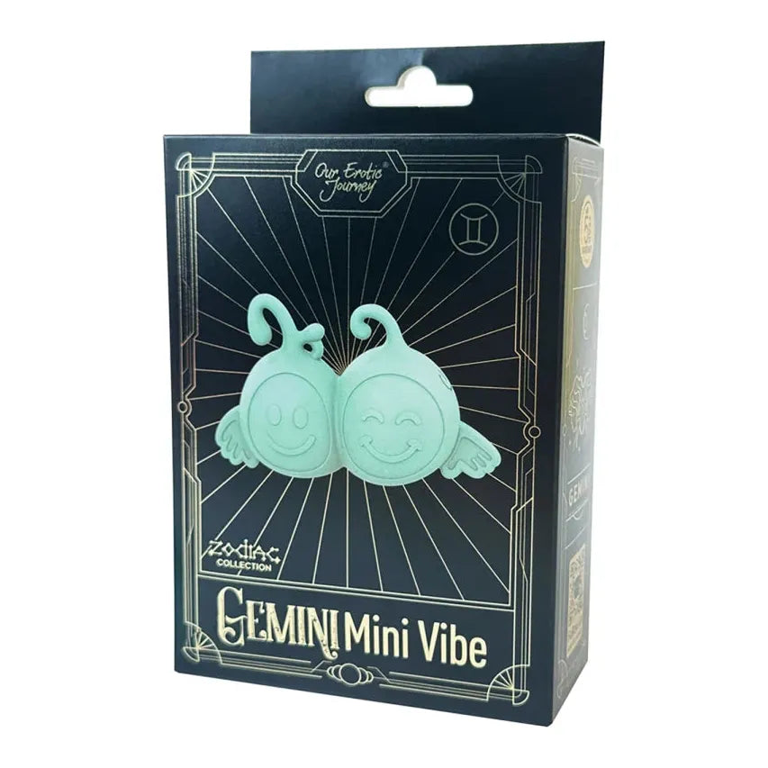 duo balls connected with happy faces and hands, zodiac sign gemini, on box packaging