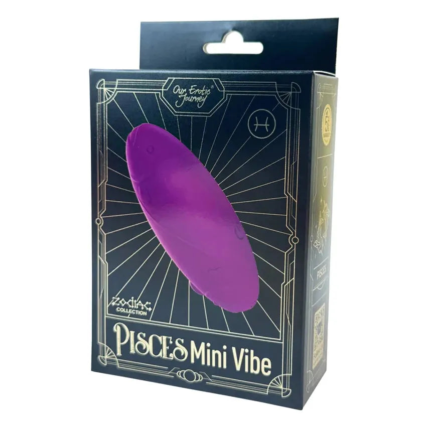 purple oval massager on box packaging, zodiac sign pisces