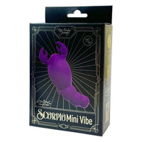 purple scorpion shaped vibrator, zodiac sign scorpio on box packaging