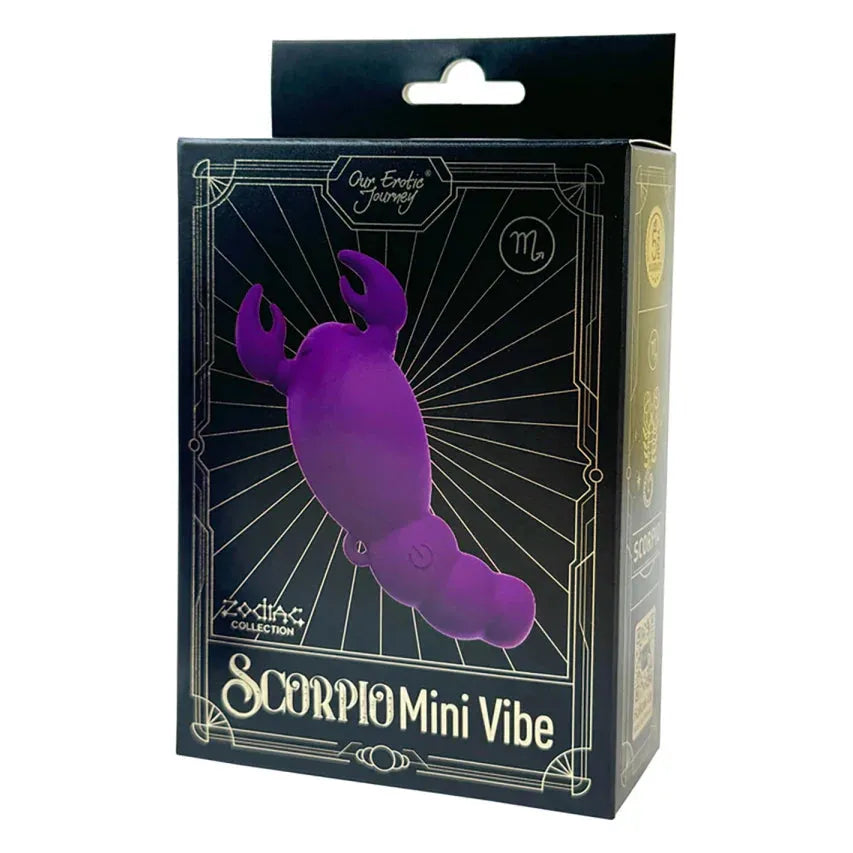 purple scorpion shaped vibrator, zodiac sign scorpio on box packaging