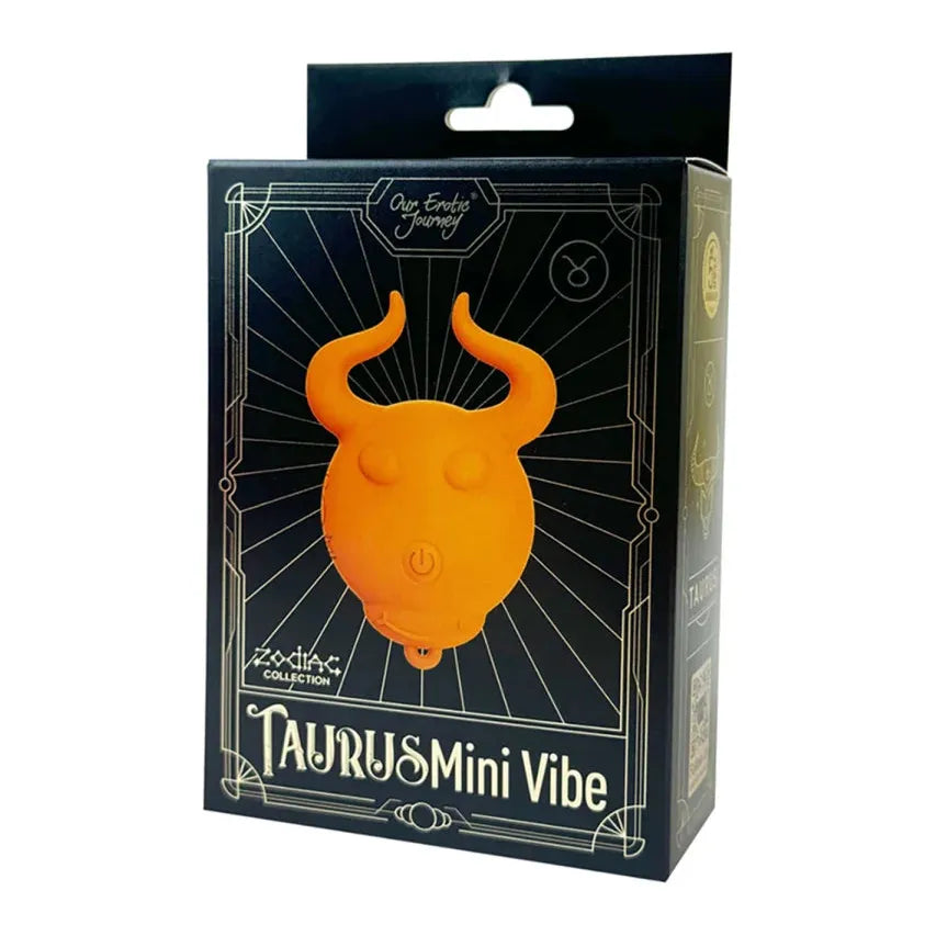 orange bull head shapped vibrator, zodiac sign taurus, on box packaging