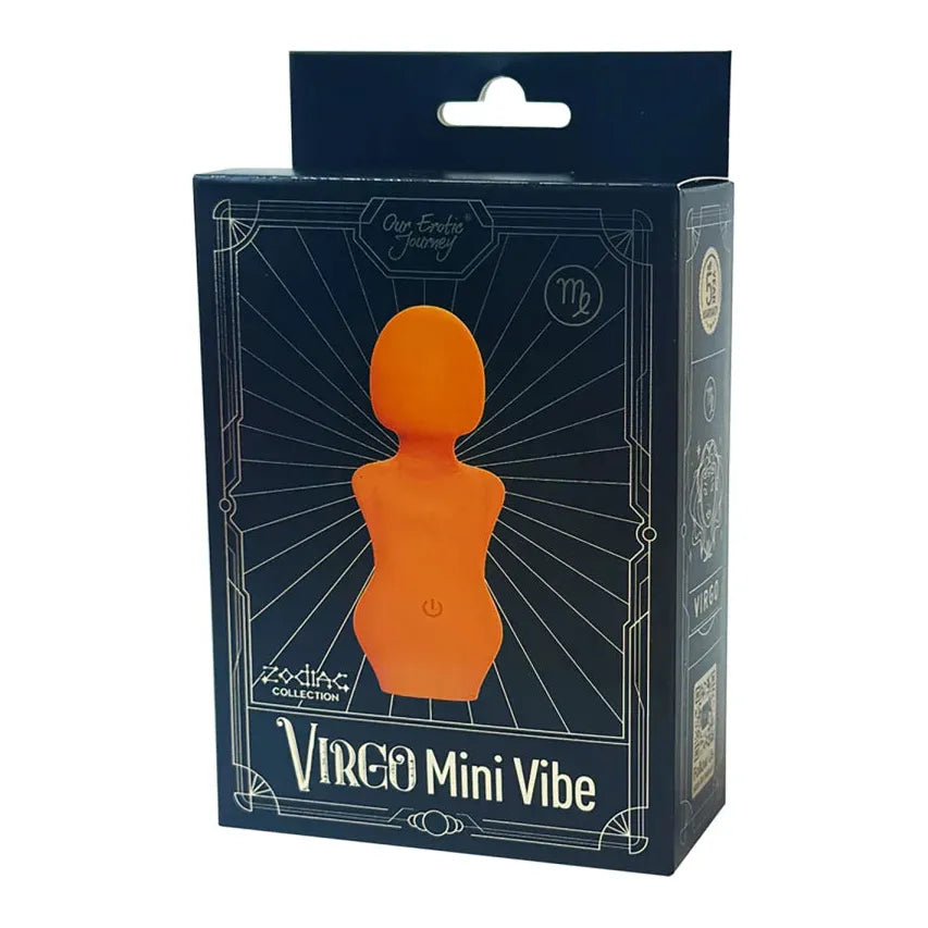 orange mini massager with body shaped handle, zodiac sign virgo, on box packaging