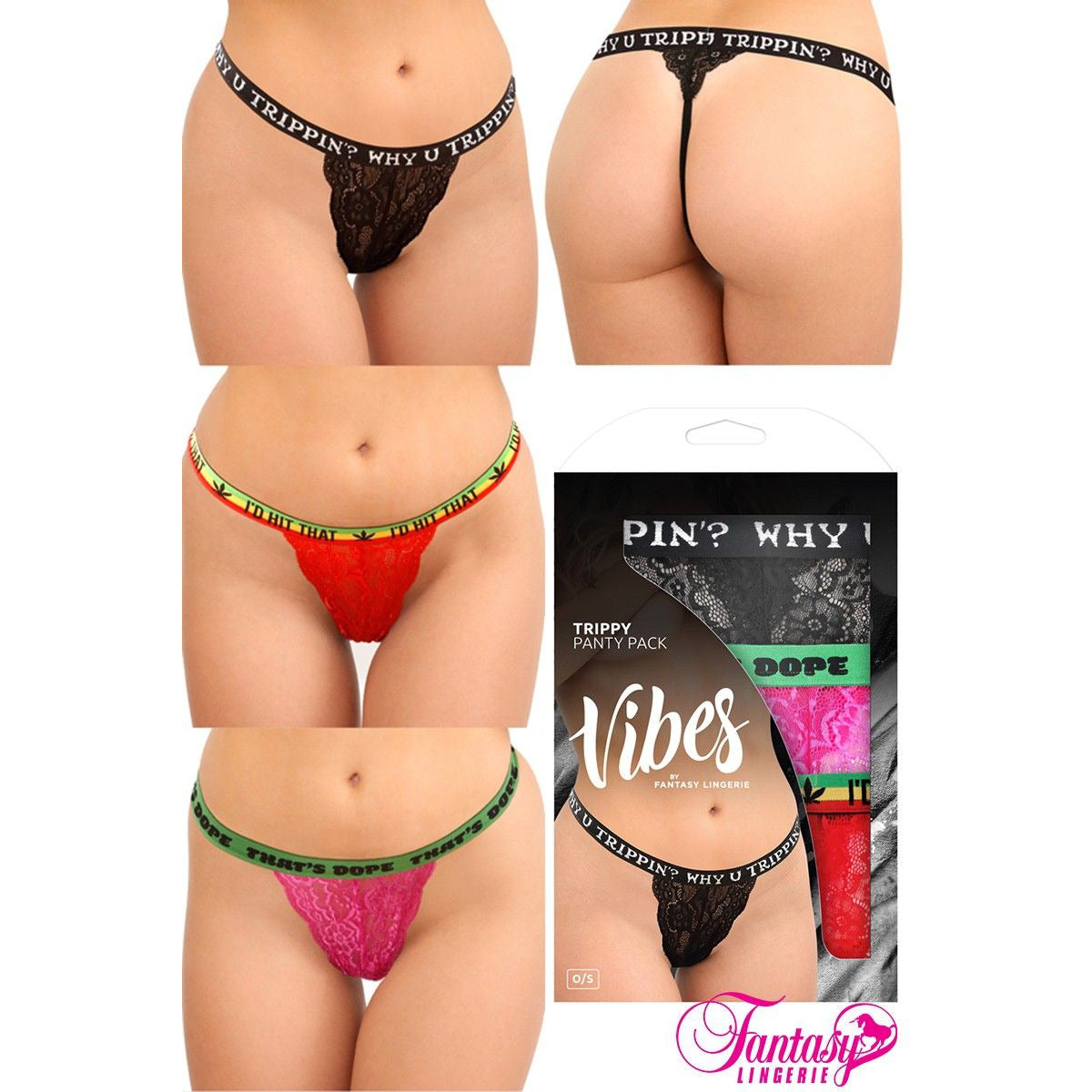 Vibes Trippy Thong Panty 3pk by Fantasy Lingerie