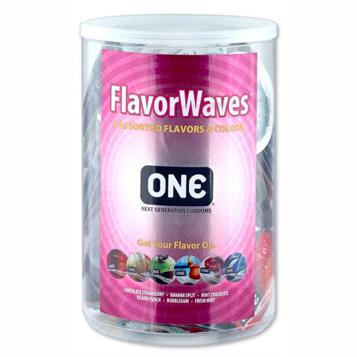 assorted flavours & colours packets of condoms in clear container