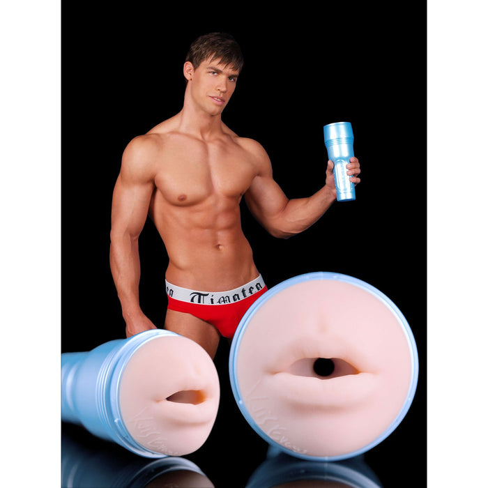 kris evans with no shirt red underwear holding blue mouth fleshlight
